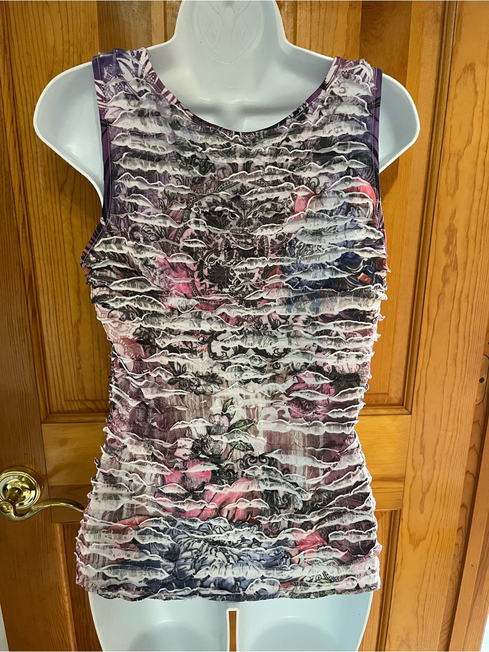 Textured Ruffle Tank Top in Pink Multi-Color - Picture 3 of 5